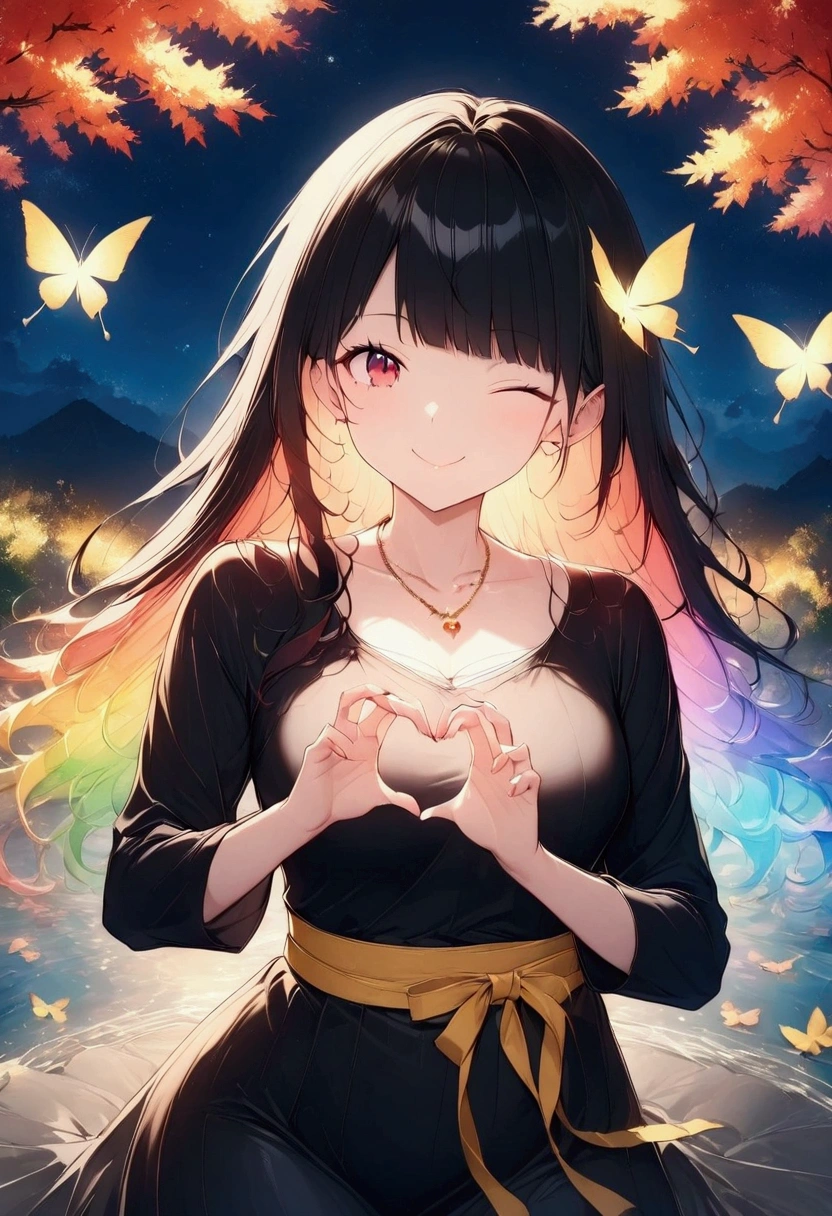 A woman winking,Making a heart with hands Rainbow hair,Long Hair,Black kimono,Shoulder,Yellow belt,samurai　Yellow butterfly,night,shoulder,old,garden,water surface　moon　star　Draw your sword　Slashing　Catch the wind　autumn