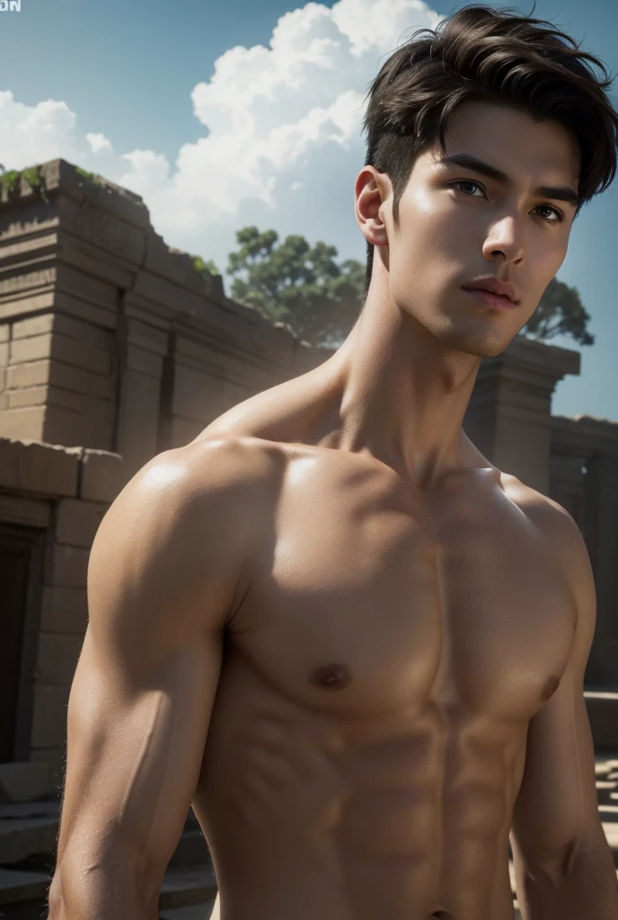 a tall handsome muscular young man, solo, extremely detailed face and body, (shiny smooth skin), hot glow in his skin, perfect facial features, beautiful eyes, short hairstyle, sexy gaze, looking at the viewer romantically, explorer, explorer's clothes, ancient ruins, big lake, cloudy sky, lush nature, (best quality,4k,8k,highres,masterpiece:1.2),ultra-detailed,(realistic,photorealistic,photo-realistic:1.37),dramatic lighting,vibrant colors,cinematic composition