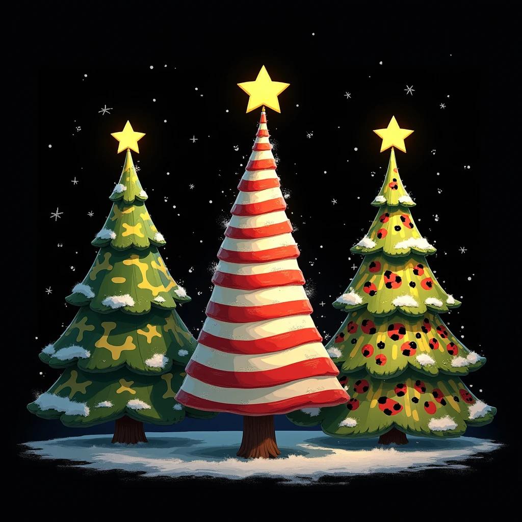 isolated on black background,realistic,drawing Christmas-themed graphic featuring a row of 3 stylized Christmas trees, each decorated with a different STYLE SUCH as camouflage pattern (green, brown, tan, blue, and white),AMERICA flag pattern,Christmas tree icons with abstract leopard print spots,pattern.Place a bright yellow star on top of each tree. Add subtle snowflakes or dots around the base of the trees to enhance the wintery feel. Use a dark background to make the colors and patterns of the trees stand out