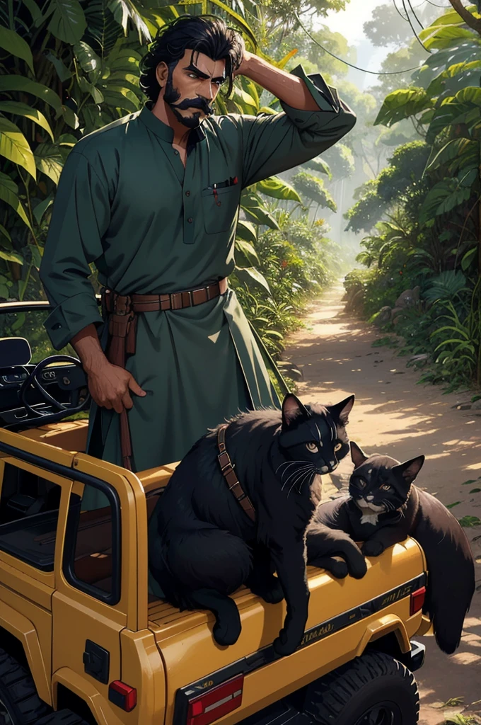 Create a dynamic digital painted comic-style illustration set in a dense jungle, featuring Rheem Khan, Akbar Khan, and Qadeer Khan in a Mahindra Hunter Jeep. Rheem Khan, a noble and handsome 3 Pakistani hunter with black eyes and hair, dressed in a traditional brown shalwar kameez and hunter’s boots, is driving the Jeep with intense focus. Akbar Khan, a tall and muscular Pakistani royal with a square face, brown eyes, and a handlebar mustache, sits next to him in the front seat, his expression angry and proud, dressed in a dark blue shalwar kameez. In the back, Qadeer Khan, a formidable villain with grey eyes, short black hair, and a handlebar mustache, sits alongside a dead deer, exuding pride and intensity in his traditional grey shalwar kameez and hunter’s boots. The Jeep is moving swiftly along a jungle side road, but suddenly, a black kitten attempts to cross the path in front of the vehicle, creating a moment of tension and surprise. The illustration should capture this dramatic moment with bold colors, dynamic angles, and intense lighting, emphasizing the imposing presence of the characters and the suspense of the scene.