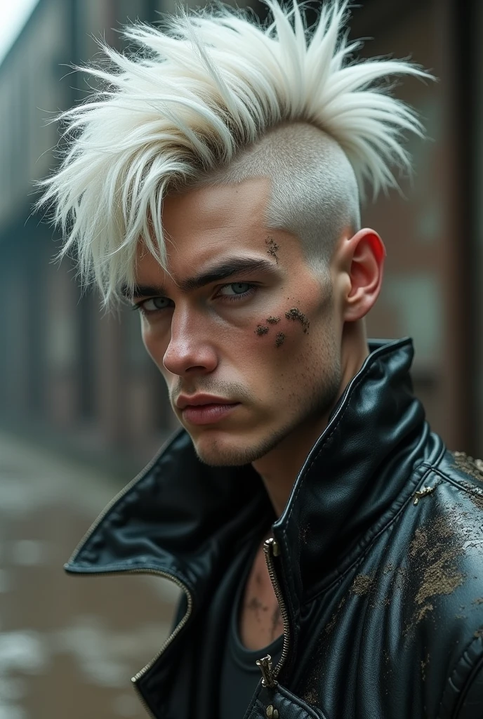 20-year-old man with white hair, Two blocks of haircut, muddy, dirty, wet, Obscene set, Provocative image, perfect face, Tall and strong, 8k quality, Ridiculous details and texture qualities,