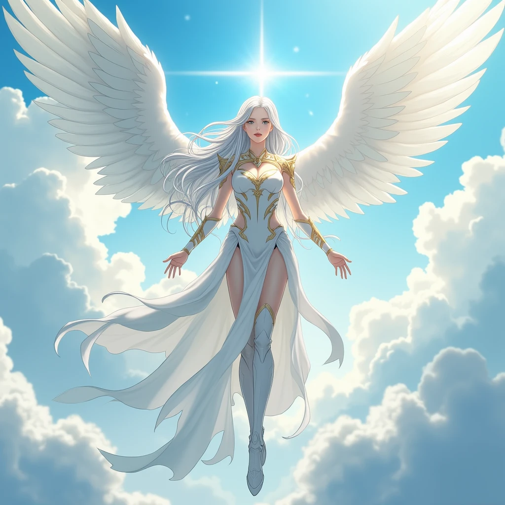 A tall women with silver-white hair and calm grey eyes, she wore a crown her face tantalizing, with wings extended from her back, she looks like goddess that has descended from the heavens, her presence seems to illuminate the world, she Was clad in white and gold Armor, her wings were pure like she doesn't belong in the mortal worldMasterpiece, Anatomically Correct, Accurate, High Resolution, Best Quality, Detail, High Details, Quality, Super Detailed, UHD, Anime Style, Anime, She was descending from the sky with a slender figure and long legs which all just made her beauty even more mesmerizing