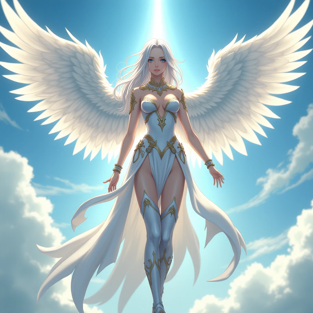 A tall women with silver-white hair and calm grey eyes, she wore a crown her face tantalizing, with wings extended from her back, she looks like goddess that has descended from the heavens, her presence seems to illuminate the world, she Was clad in white and gold Armor, her wings were pure like she doesn't belong in the mortal worldMasterpiece, Anatomically Correct, Accurate, High Resolution, Best Quality, Detail, High Details, Quality, Super Detailed, UHD, Anime Style, Anime, She was descending from the sky with a slender figure and long legs which all just made her beauty even more mesmerizing