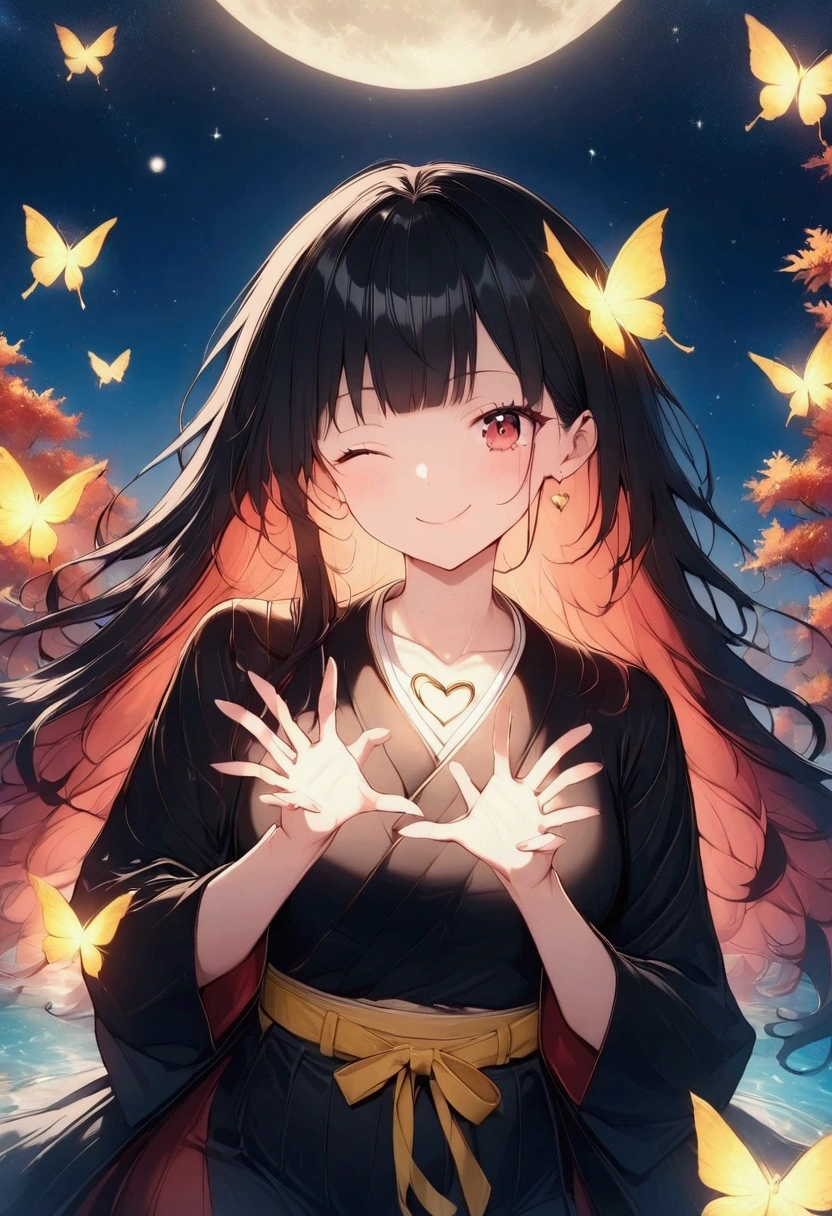 A woman winking,Making a heart with hands Rainbow hair,Long Hair,Black kimono,Shoulder,Yellow belt,samurai　Yellow butterfly,night,shoulder,old,garden,water surface　moon　star　Draw your sword　Slashing　Catch the wind　autumn