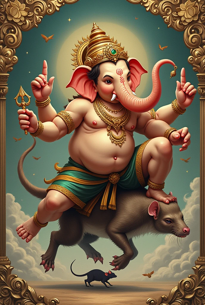 Lord child Ganesha, the Hindu god, falls from the top of his vehicle, the rat