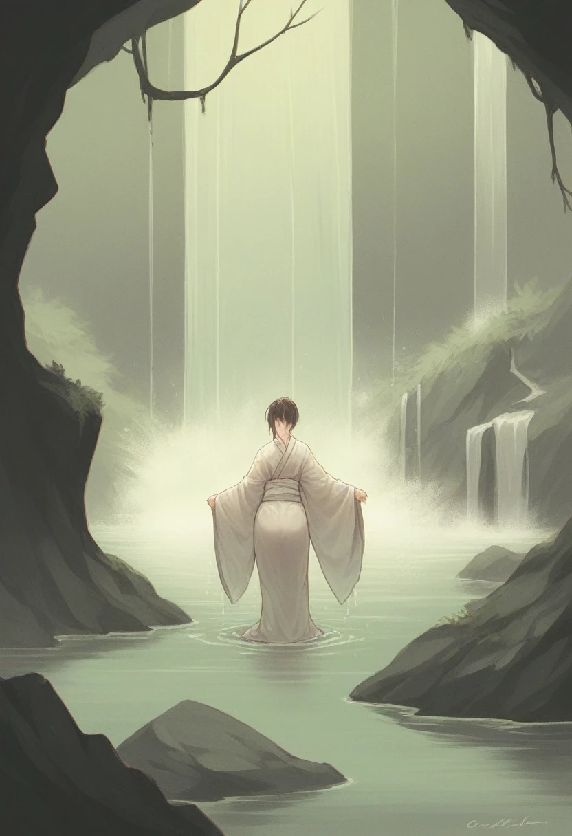 Illustrate a woman undergoing spiritual training by standing under a waterfall, her wet kimono clinging to her body and revealing her translucent skin. Most beautiful face and voluptuous and hourglass body.Capture the serene and introspective atmosphere of the scene, with the woman's closed eyes and serene expression conveying her deep focus and dedication to her mental and physical discipline. Use a muted color palette to enhance the tranquility of the surroundings, with the waterfall cascading down from a rocky cliff and the surrounding foliage adding a sense of natural beauty and isolation. Pay attention to the details of the woman's wet kimono, with its intricate patterns and folds, as well as the gentle play of light and shadow on her skin. Depict the water droplets falling from her hair and the mist rising from the water, creating a sense of movement and energy in the image. Overall, create an image that represents the transformative power of nature and the inner strength of the woman undergoing her spiritual journey.
