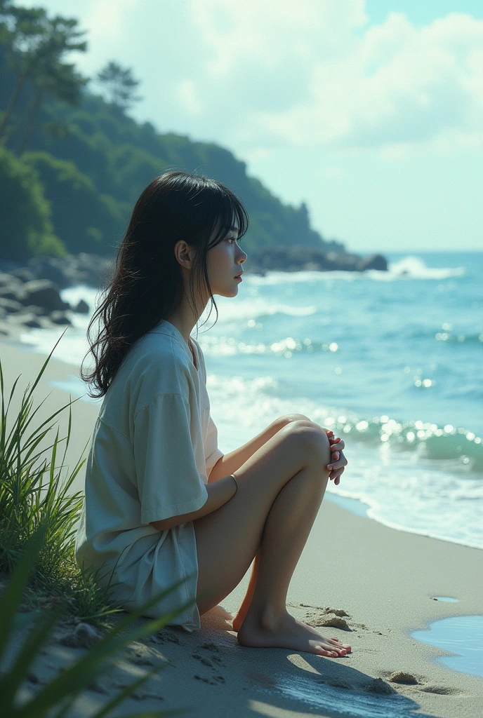 after the storm、South Island Beach、Drifting in my swimsuit, I drifted along the river、A young Japanese woman waiting for help、Sit with your knees hugged、Looking out to sea
