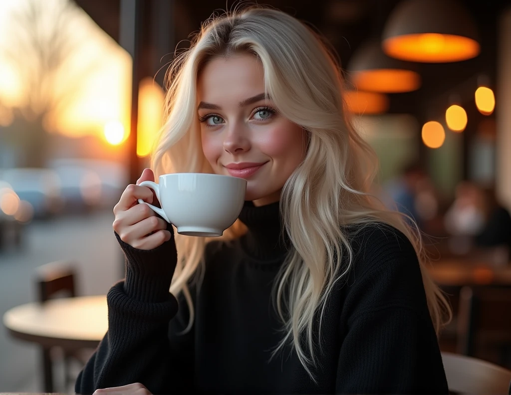 beautiful platinum blonde girl wearing black sweater (sipping coffee inside a modern café at sunset), very detailed, 2, innocent face, natural wavy hair, blue eyes, high resolution, masterpiece, best quality, intricate details, highly detailed, sharp focus, detailed skin, realistic skin texture, texture, detailed eyes, professional, 4k, charming smile, shot on Canon, 85mm, shallow depth of field, kodak vision color, perfect fit body, extremely detailed, foto_\(ultra\), photorealistic, realistic, post-processing, maximum detail, roughness, real life, ultra realistic, photorealism, photography, 8k uhd, photography, uses my dataset as the face