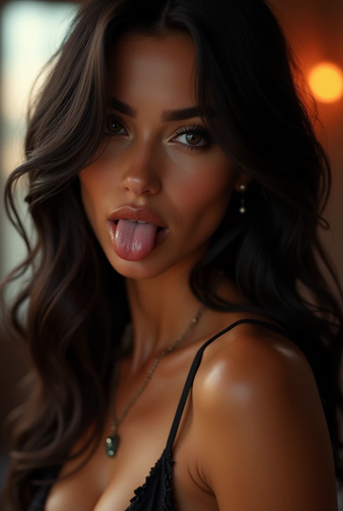 Sexy and attractive brunette woman sticking out her tongue