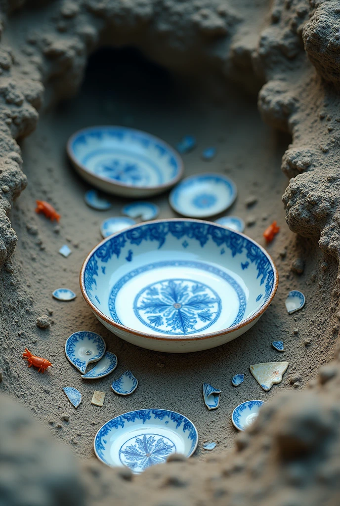 shattered,Pottery fragments scattered and irregular,Blue and white porcelain plates buried in the soil,Exposed part of the soil,Ceramic bowl buried in the soil,Silt Cover,Surrounded by fish, shrimp and crab,Coral Reef,Lots of details,Professional photos, best quality,Sleeping Photography Master,masterpiece