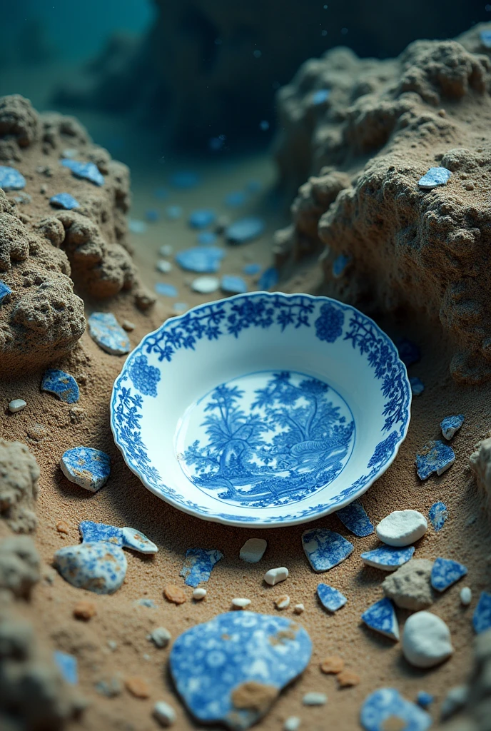 shattered,Pottery fragments scattered and irregular,Blue and white porcelain plates buried in the soil,Exposed part of the soil,Ceramic bowl buried in the soil,Silt Cover,Surrounded by fish, shrimp and crab,Coral Reef,Lots of details,Professional photos, best quality,Sleeping Photography Master,masterpiece