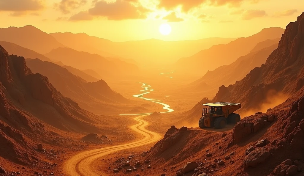 a detailed panoramic landscape of a gold mine in the african savanna, desert landscape with mountains in the background, dusty and arid environment, mining equipment and machinery, rugged terrain with rocks and boulders, glowing warm sunlight, cinematic and dramatic lighting, detailed textures, intricate details, hyper-realistic, 8K, photorealistic, award-winning art