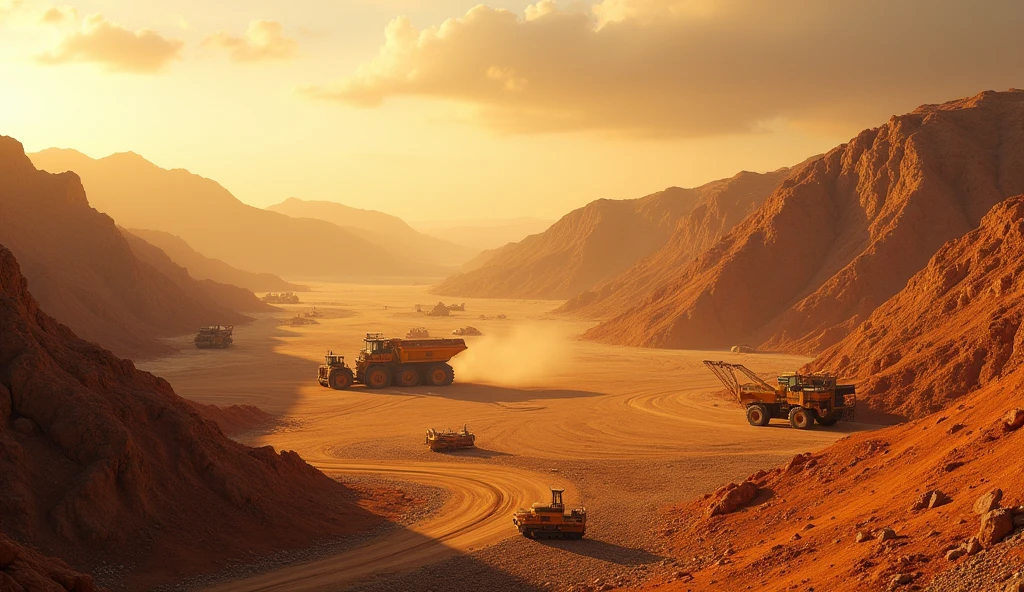 a detailed panoramic landscape of a gold mine in the african savanna, desert landscape with mountains in the background, dusty and arid environment, mining equipment and machinery, rugged terrain with rocks and boulders, glowing warm sunlight, cinematic and dramatic lighting, detailed textures, intricate details, hyper-realistic, 8K, photorealistic, award-winning art