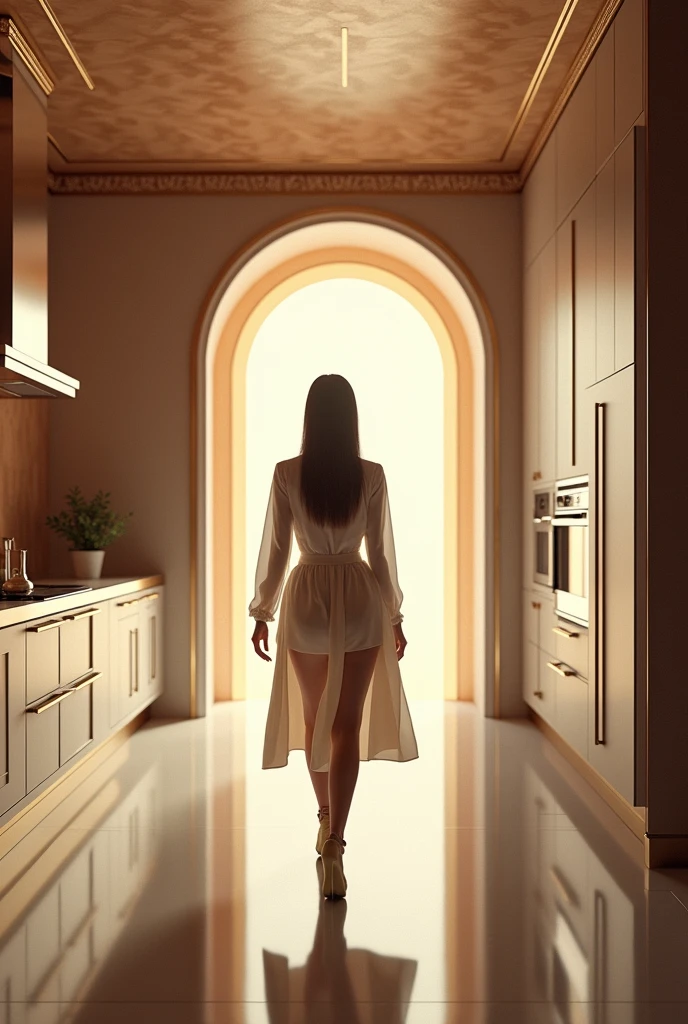 there is a blurry image of a very realistic woman in realistic size walking in a kitchen, a digital rendering, light and space, inspired by Giorgio Giulio Clovio, doors that are cosmic portals, luxury bespoke kitchen design, apartment design, lumion rendering, elegant futuristic wardrobe