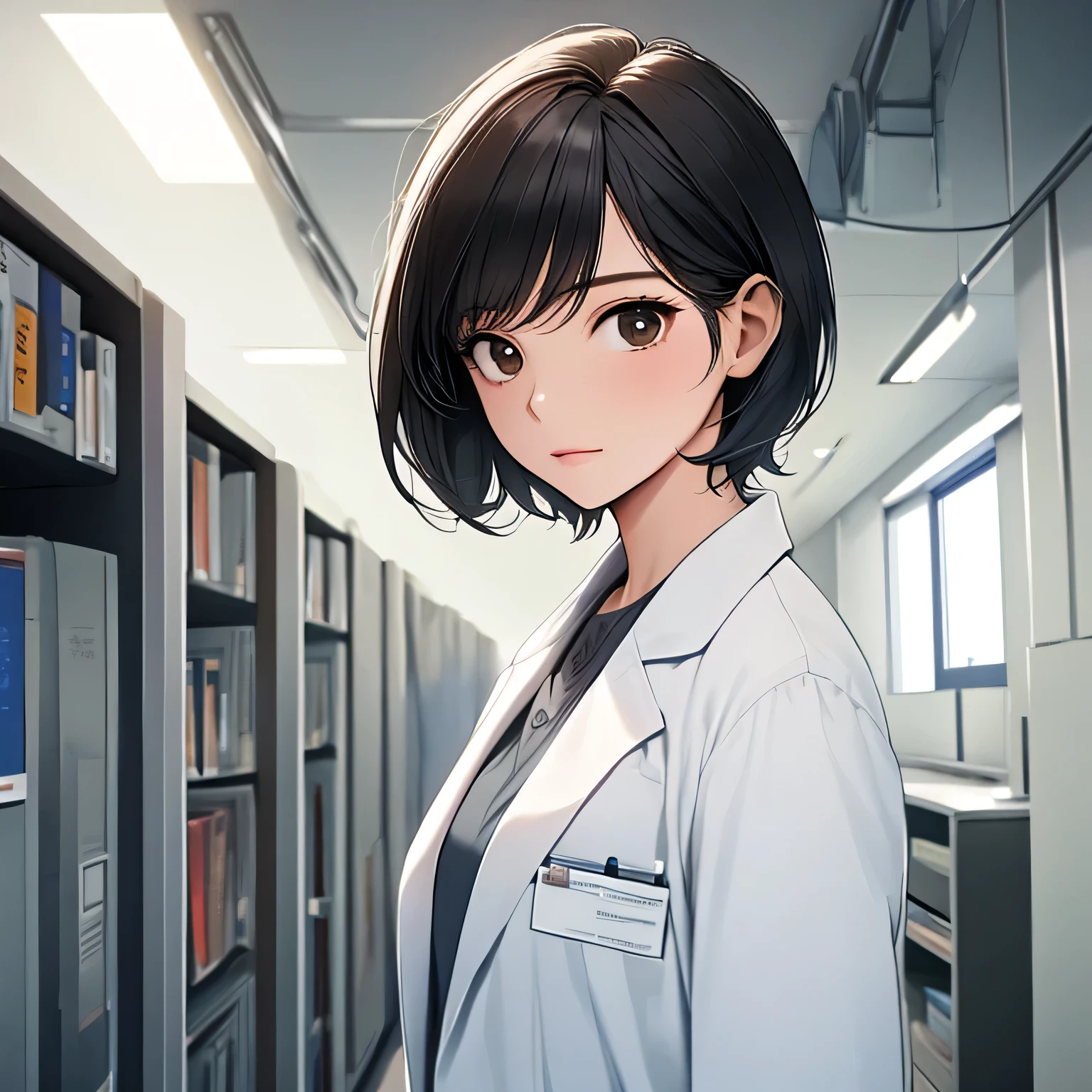 Highest quality, One girl,Black Hair、short hair, (Blur the background:0.6), (Research Room）、suit、（Light blue blouse）、30 years old, Science、Mature Woman、Laser light
