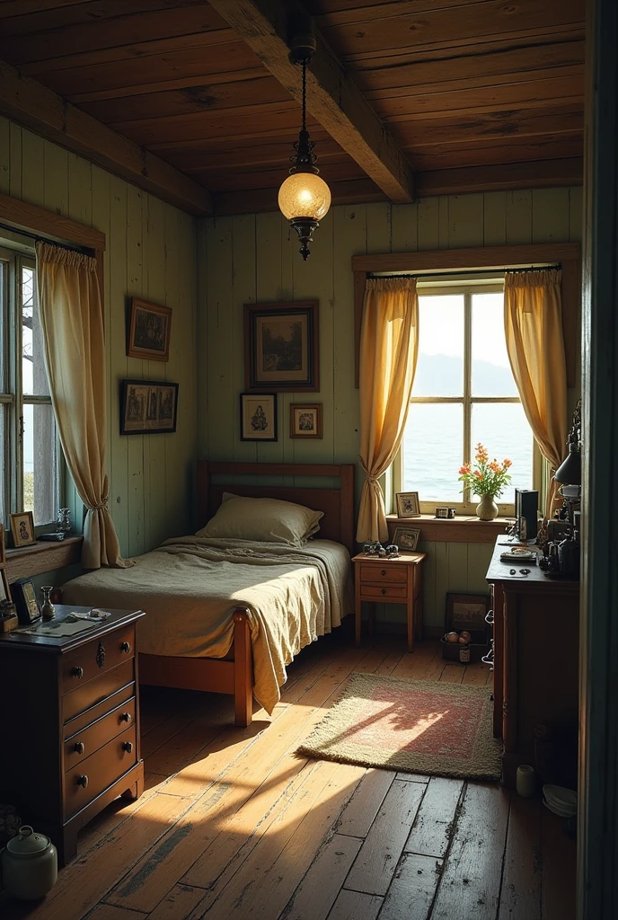 Old small poor Victorian seaside house bedroom interior