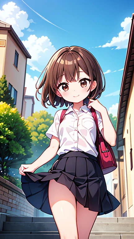One girl、20-year-old、(Brown hair short cut)、Beautiful brown hair、Perfect Face、Shiny skin、Friendly smile、Very clear, reflective brown eyes、Slightly chubby、Small breasts、buttocks are small、A girl in a white button-down shirt and a tight skirt、Let's think step by step,Highest quality、masterpiece、 Ultra-high resolution 、8k、Show anime style 、Soft Line Art、Digital Enhancement、 shojo anime touch, shojo manga core, Flowing fabric、Soft Drawing、 Ultra-Definition Digital Anime Art、 Clear facial depiction、Super detailed girl cartoon character art、 Ultra-detailed manga style、 Highest qualityの色、Walking around the city、Front shot、Clouds in the sky、Warm and soft sunset、A pleasant breeze blows、Beautiful hair blowing in the wind