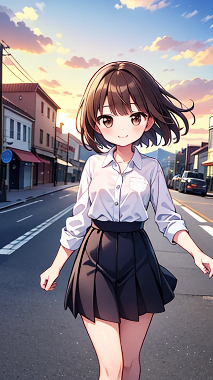 One girl、20-year-old、(Brown hair short cut)、Beautiful brown hair、Perfect Face、Shiny skin、Friendly smile、Very clear, reflective brown eyes、Slightly chubby、Small breasts、buttocks are small、A girl in a white button-down shirt and a tight skirt、Let's think step by step,Highest quality、masterpiece、 Ultra-high resolution 、8k、Show anime style 、Soft Line Art、Digital Enhancement、 shojo anime touch, shojo manga core, Flowing fabric、Soft Drawing、 Ultra-Definition Digital Anime Art、 Clear facial depiction、Super detailed girl cartoon character art、 Ultra-detailed manga style、 Highest qualityの色、Walking around the city、Front shot、Clouds in the sky、Warm and soft sunset、A pleasant breeze blows、Beautiful hair blowing in the wind