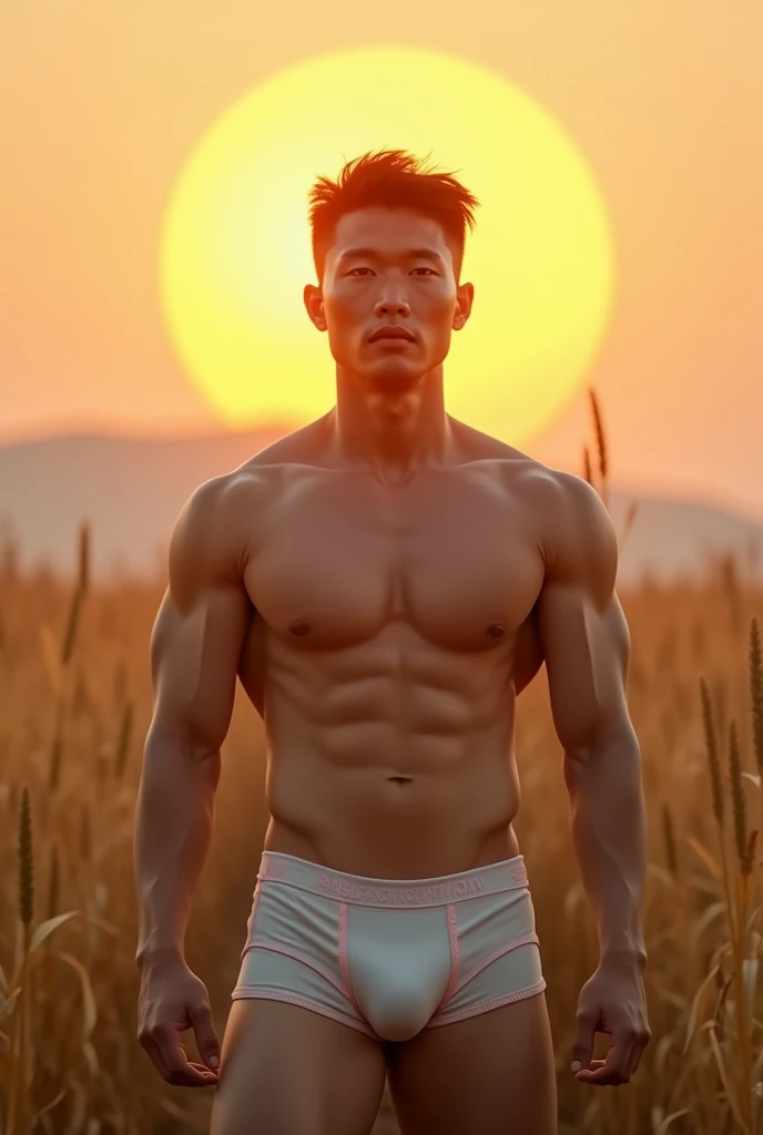 In the charming picture is a handsome Chinese man 3 with his rays, fair skinned like a prince, the background in the sky has a big and bold sun, his charm radiates as he proudly shows off his sixpack in a full standing pose.. He is wearing sexy pastel colored underwear, which emphasizes his body shape, He stands in the middle of a farm environment., a large sunrise behind him, Bathed in the golden light of a beautiful day. With unmatched attention to detail., This photorealistic portrait combines the style of National Geographic., Capture every detail of his textured skin in 8k resolution. Leica digital SLR camera. His features are clearly visible., From his deep-set eagle-like eyes to his chiseled jawline., Make this image a true masterpiece.. Lift. (8K UHD、RAW Photography、Leica Digital SLR Photorealistic Portrait、Realistic image), large bulge