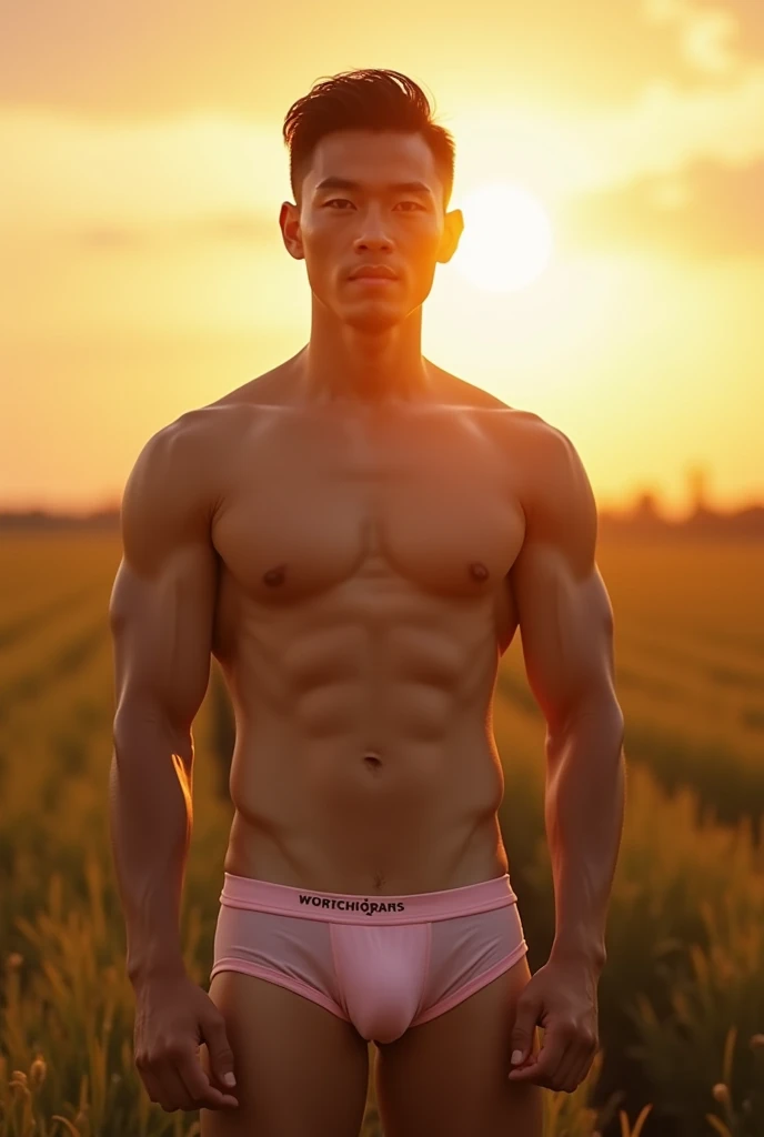 In the charming picture is a handsome Chinese man 3 with his rays, fair skinned like a prince, the background in the sky has a big and bold sun, his charm radiates as he proudly shows off his sixpack in a full standing pose.. He is wearing sexy pastel colored underwear, which emphasizes his body shape, He stands in the middle of a farm environment., a large sunrise behind him, Bathed in the golden light of a beautiful day. With unmatched attention to detail., This photorealistic portrait combines the style of National Geographic., Capture every detail of his textured skin in 8k resolution. Leica digital SLR camera. His features are clearly visible., From his deep-set eagle-like eyes to his chiseled jawline., Make this image a true masterpiece.. Lift. (8K UHD、RAW Photography、Leica Digital SLR Photorealistic Portrait、Realistic image), large bulge
