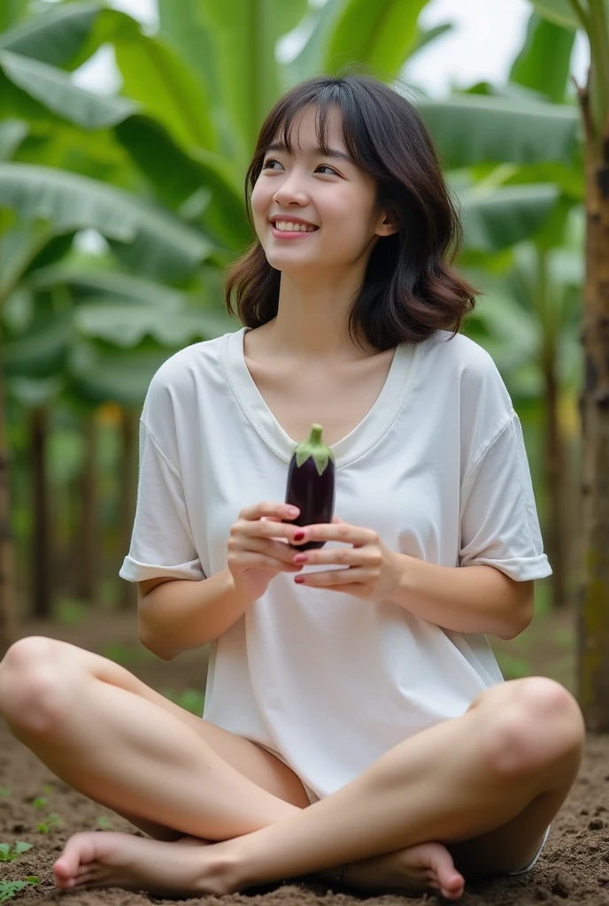 A beautiful Korean naked woman , she sits in fear, she spread her legs and show her pink pussy, big boobs. there is a handsome man, wearing a white T-shirt, wearing shorts, the man is holding an eggplant, laughing, the man is standing in front of the man. Banana garden background