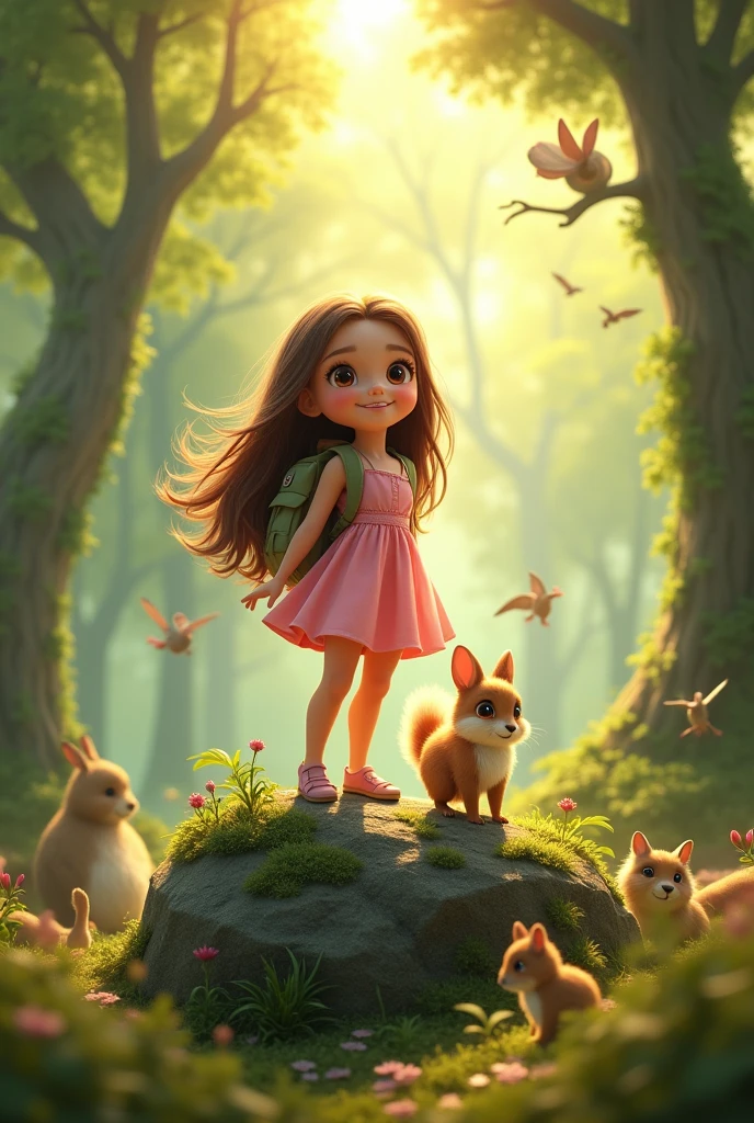 A small girl is standing on a big rock in the forest. She has brown hair and big brown eyes with long lashes. She is wearing pink dress. The sun is shining on her. Many small animals are looking out from the forrest and looking at the girl. The girl has confidence and a beautiful smile. There is a small dog puppy in her backpack next to her on the rock. You can spot birds flying above her. Animated.