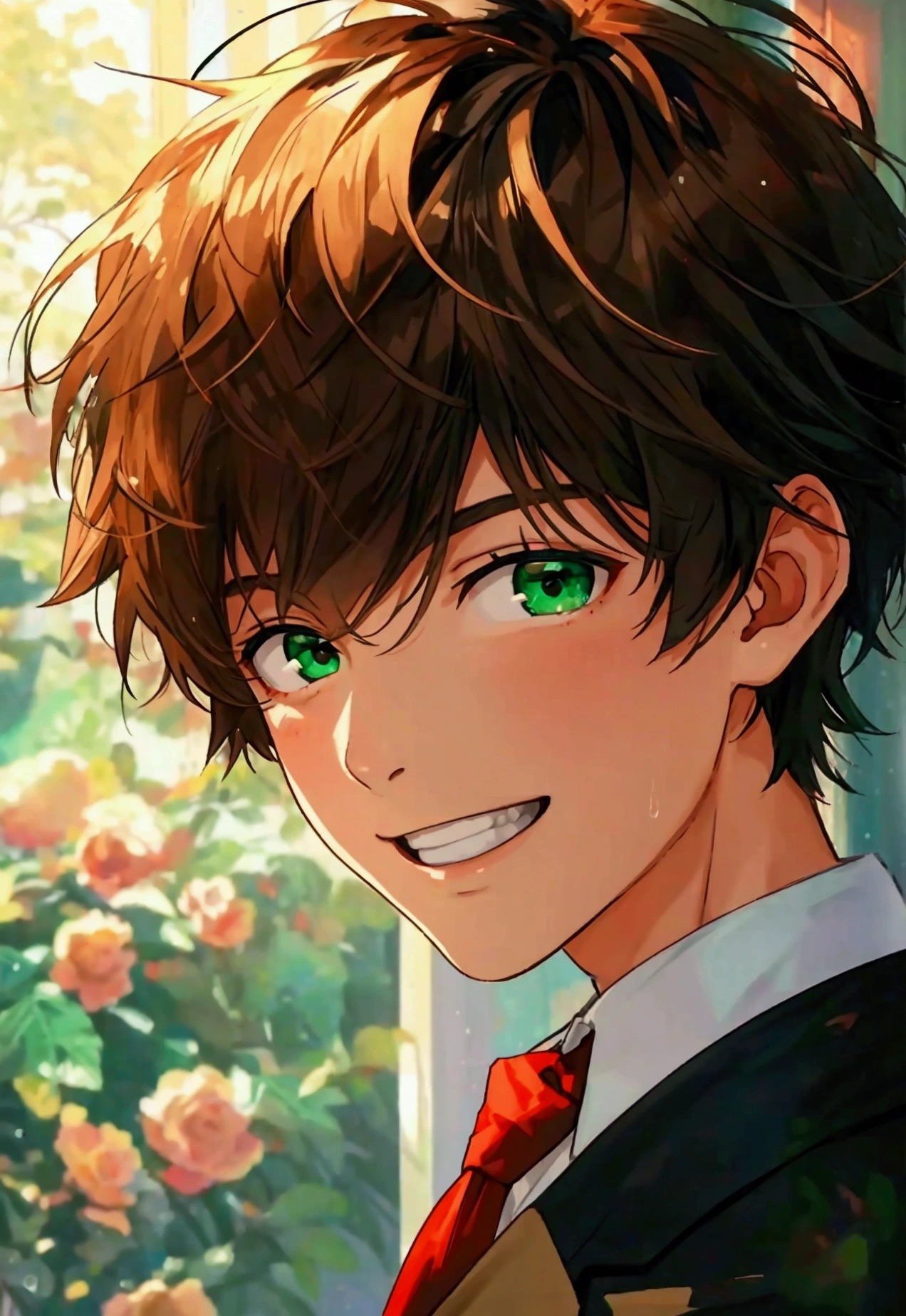 Boy with Brown Hair, Left Eye White, Right Eye Green, BLACK Suit, Red Tie and Smiling Wide