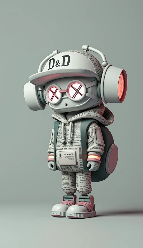 A unique toy character with a pixel art style. The character wears a hat with the text D&D displayed prominently on the front panel, in a stylish font. The character also has glasses, with one lens showing 'Xand the other X ensuring the text is legible. The character is dressed in modern streetwear, detailed with newspaper and magazine elements instead of regular patterns, and vibrant colors. The background is colorful, making the character look stylish and futuristic. The image should have a high-quality, C4D-style render of the character&#39;s side profile, 