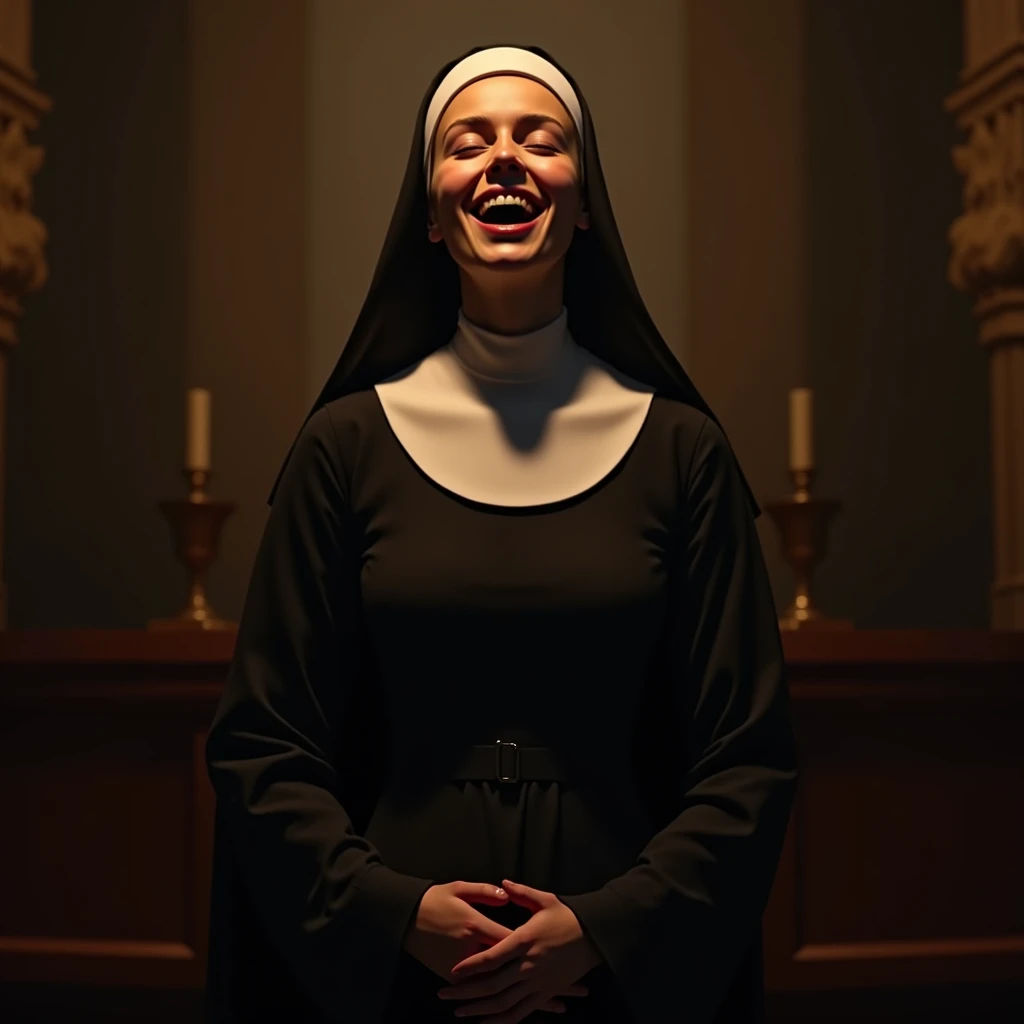 Beautiful and cute nun, she kneels and looks up at the ceiling with her hands folded in front of her chest, eyes closed and mouth wide open, Her mouth is full of colorless mucus, She is filled with happiness, beautifully detailed mouth, detailed teeth, detailed colorless mucus, from above, close-up, beautifully detailed face and body, precise crossed hands, beautifully detailed eyelids, large detailed breasts, on the altar of the chapel, erotic, sensual, professional photography, dramatic lighting, warm colors, dramatic pose, sultry expression, flawless skin, strong shadows, highlights, volumetric lighting, hyper realistic, photorealistic, chiaroscuro, cinematic, 8k, anatomically correct, textured skin, UHD, masterpiece, best quality, 8k, 16k