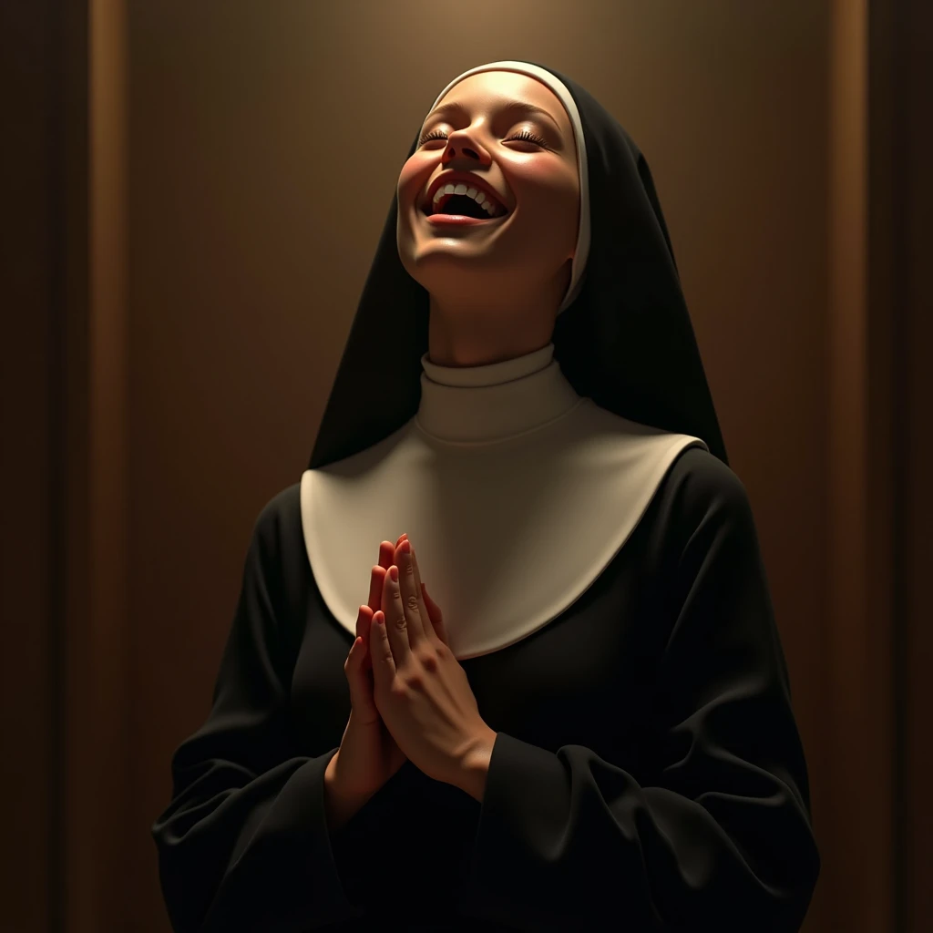 Beautiful and cute nun, she kneels and looks up at the ceiling with her hands folded in front of her chest, eyes closed and mouth wide open, Her mouth is full of colorless mucus, She is filled with happiness, beautifully detailed mouth, detailed teeth, detailed colorless mucus, from above, close-up, beautifully detailed face and body, precise crossed hands, beautifully detailed eyelids, large detailed breasts, on the altar of the chapel, erotic, sensual, professional photography, dramatic lighting, warm colors, dramatic pose, sultry expression, flawless skin, strong shadows, highlights, volumetric lighting, hyper realistic, photorealistic, chiaroscuro, cinematic, 8k, anatomically correct, textured skin, UHD, masterpiece, best quality, 8k, 16k