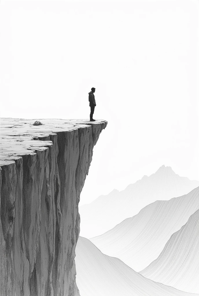 A person standing on a cliff, overlooking a downward-sloping graph. Pencil art