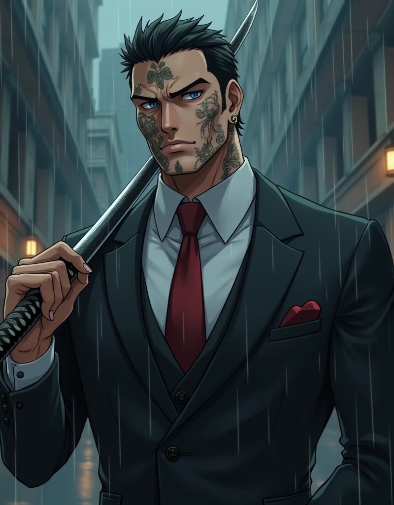 Anime, a mafia is smoking, his expression is flat, he is wearing earrings, there are tattoos on his face, he is handsome, holding a katana, wearing a suit, full body, rainy background.