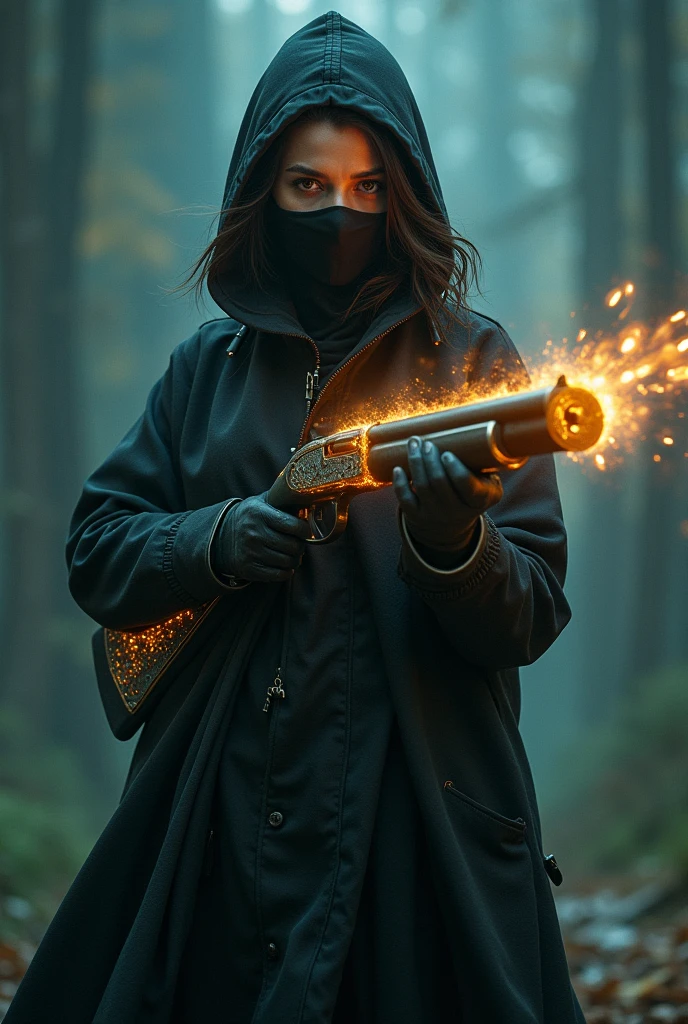 Girl in a mask face Not visible with a magic shotgun glows