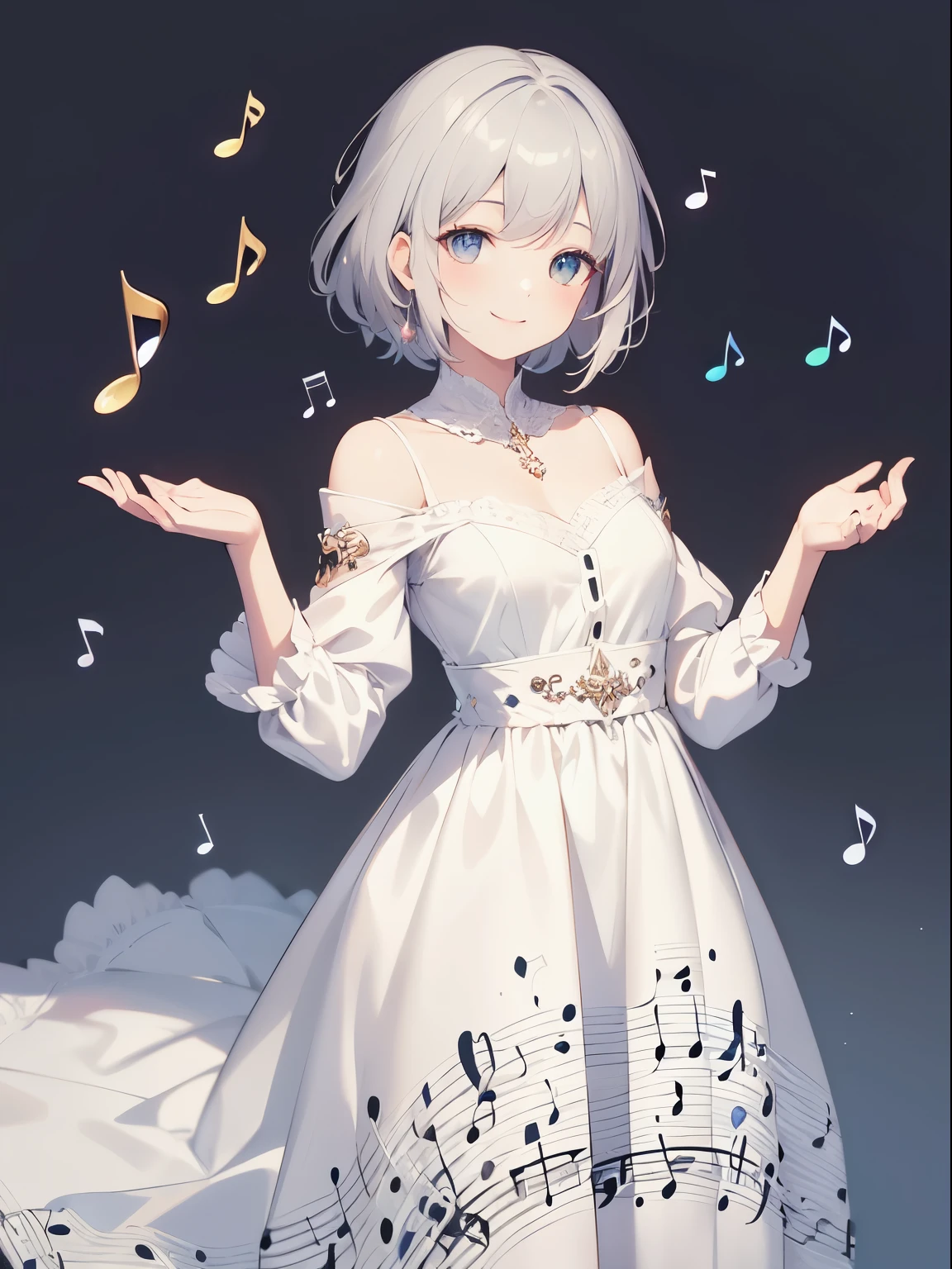 ((Highest quality)), ((masterpiece)), (detailed),Gray Hair,((dress A musical notes print)),cowboy shot , ((no hat:1.5)),(simple background),(gentle smile:1.5),girl,(princess),((perfect hand))