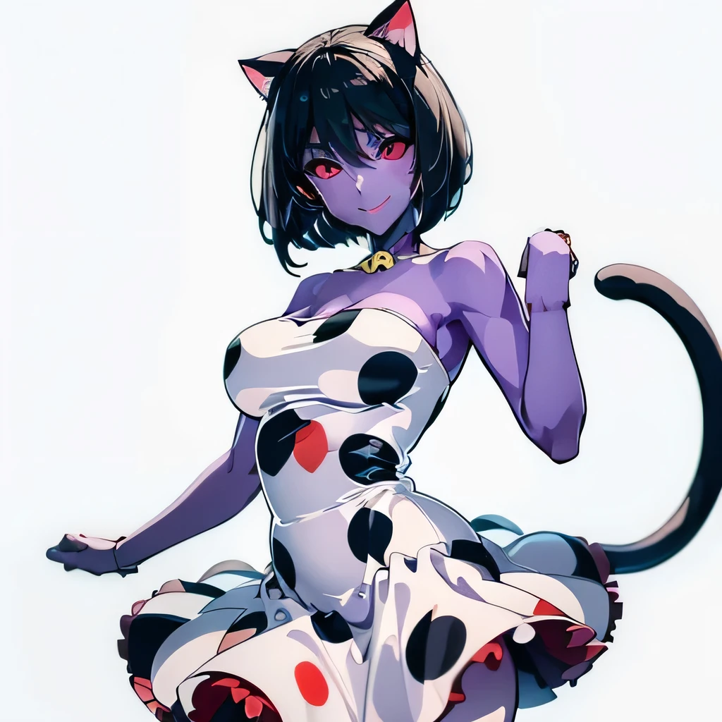  ((masterpiece,best quality,ultra-delicate,Perfect Face,16k,high resolution,very beautiful girl)), purple skin, cat ears, cat tail, 
polka dots pattern white strapless dress, polka dots pattern white tights, black short hair, red eyes,  large breasts, cute smile,cowboy shot