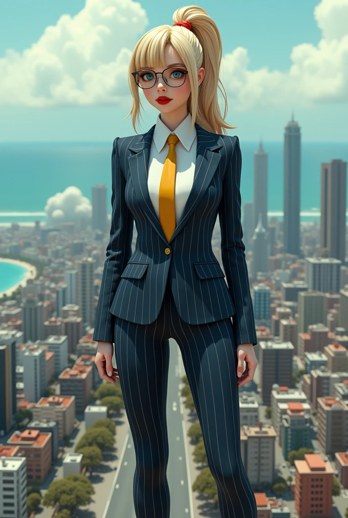 (photorealism:1.2) beautiful schoolgirl a massive curvy blonde ponytail red lips wearing a perfect dark blue pinstripe suit with a thick golden tie large collar large breasts standing giantess art highly detailed giantess shots giantess most detailed perfect face Two legs Five fingers ponytail A high school girl who is bigger than a skyscraper Wearing rimless glasses smile huge breasts seaside metropolis numerous Destroying cities A very small big city Miniature metropolis Full body description GTS giga giantess gigagts stomping city crash city tiny city micro city High resolution highest quality masterpiece,