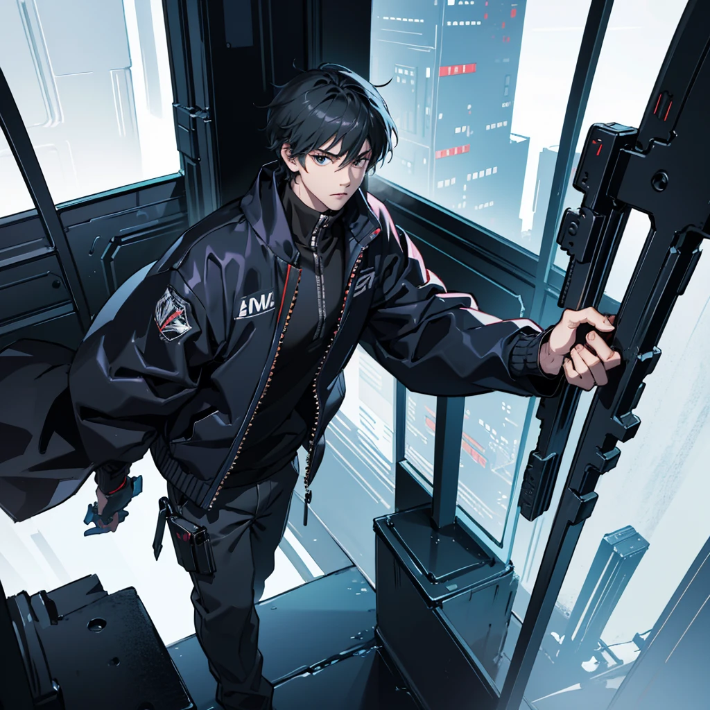 masterpiece, best quality), (Complex lighting), 1 boy,Handsome, Solitary, , black eyes, Cold and expressionless, Against the wall,Cyberpunk city background,anime boy,Panoramic view