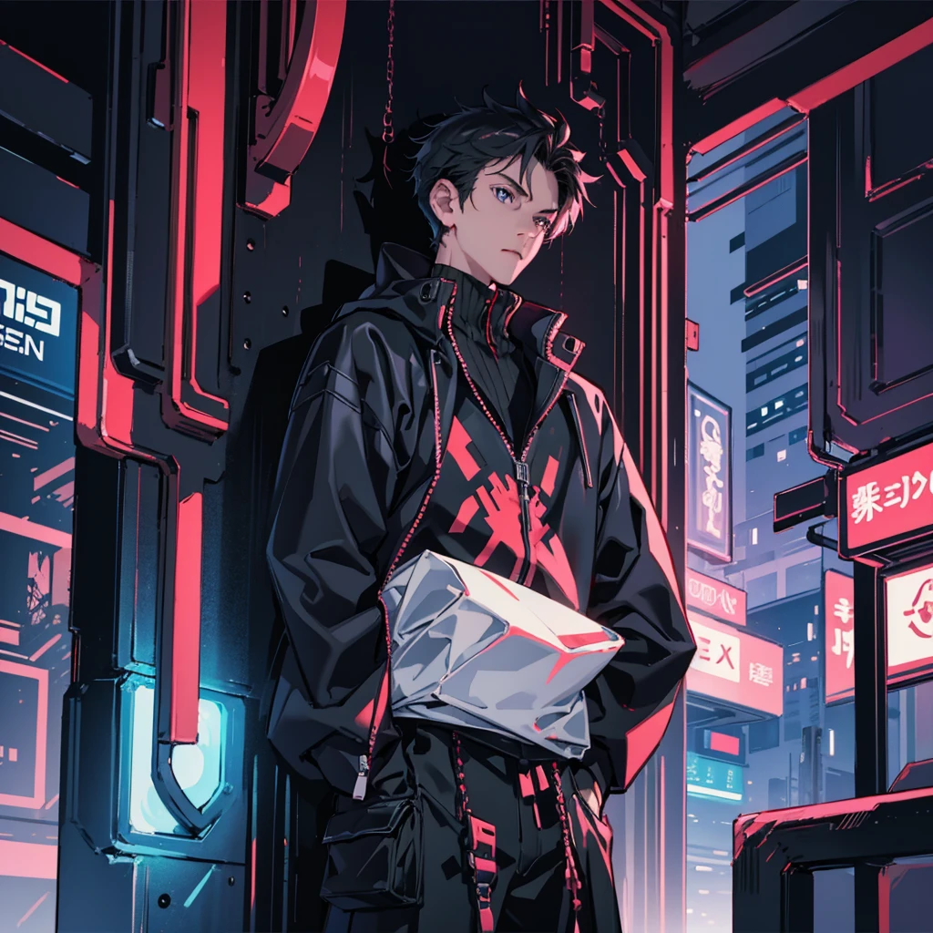 masterpiece, best quality), (Complex lighting), 1 boy，Handsome, Solitary, , black eyes, Cold and expressionless, Against the wall,Cyberpunk city background,anime boy，Panoramic view
