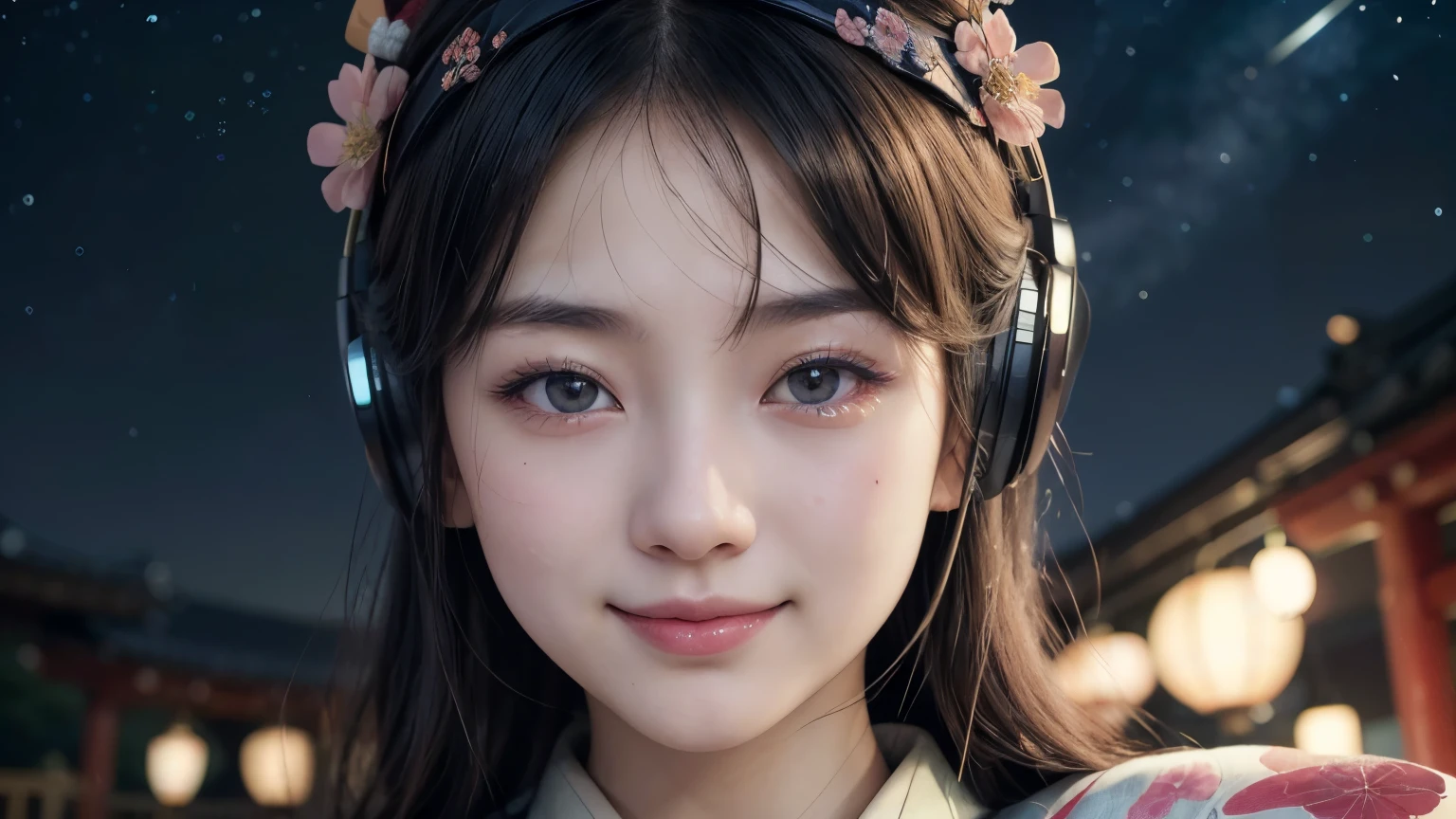 (masterpiece, highest quality, Realistic, High resolution, photograph, :1.3), Sharp focus, 1 Cute Japanese Girl, Hot Model, Highly detailed eyes and pupils, Realistic Skin, Highly detailed hair, Delicate face, Sensual look, Bright lips, Natural Lip, standing pose, smile, (Furisode:1.5), (Floral:1.2), ((sash)), ((obi)), outside of home, (Japanese Style Country), ((headphones)), ((background: night, starry sky)), ((ukiyo-e style)), ((smile)), ((1 girl)), ((close up)),