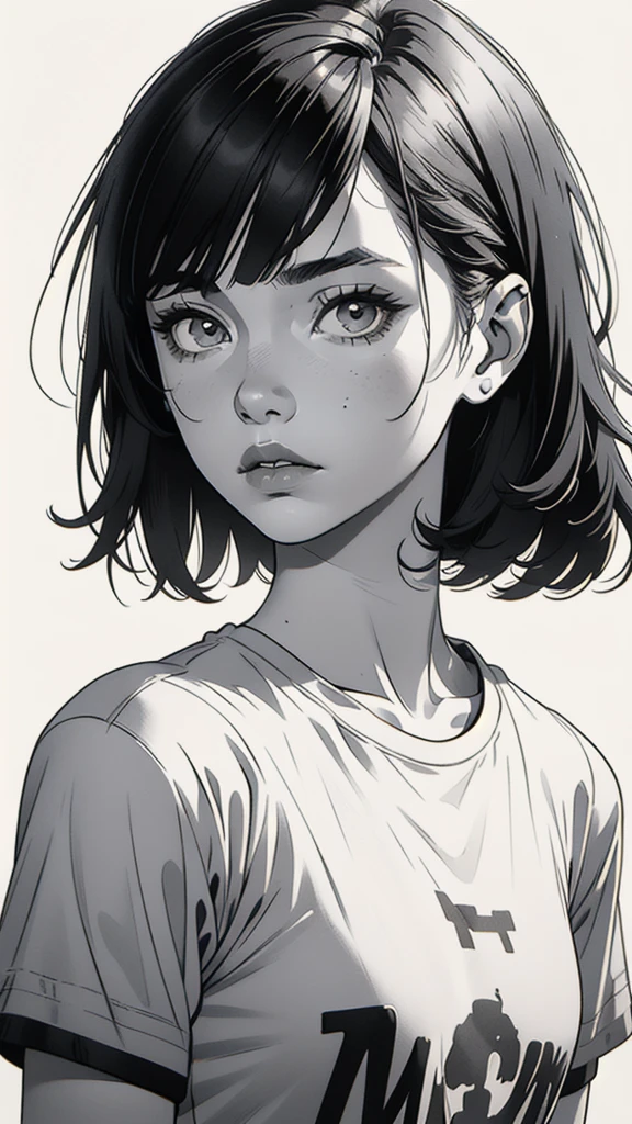 1 boyish girl, solo, sharp eyes, monochrome, greyscale, shoulder length black hair, portrait, (blank white T-shirt), Thin eyebrows, closed mouth, looking at viewer, detailed lips, hatching \(texture\), without makeup, (bangs), upper body, (best illustration), (best quality), (very detailed), (masterpiece), expressionless,