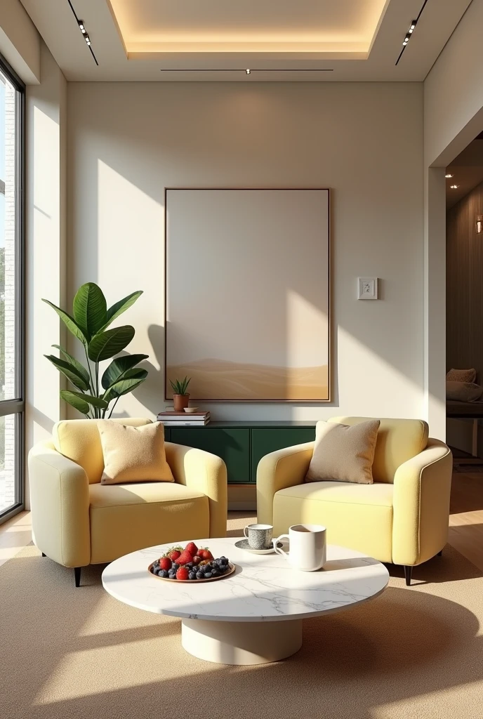 Professional 3d architecture rendering design of modern and minimal relax room with light lemon colour modern velvet 2 Florence sofa and white stone marble table modern and modern ceiling lighting and elegant ceiling lighting and Dark green consulate and modern ceiling lighting and elegant wall painting and elegant accessories and elegant green space and beautiful wall painting and modern windows and beautiful curtains and warm color for carpet and beautiful relax room and one dish of strawberry and blueberry and chocolate and cup of coffee on the table