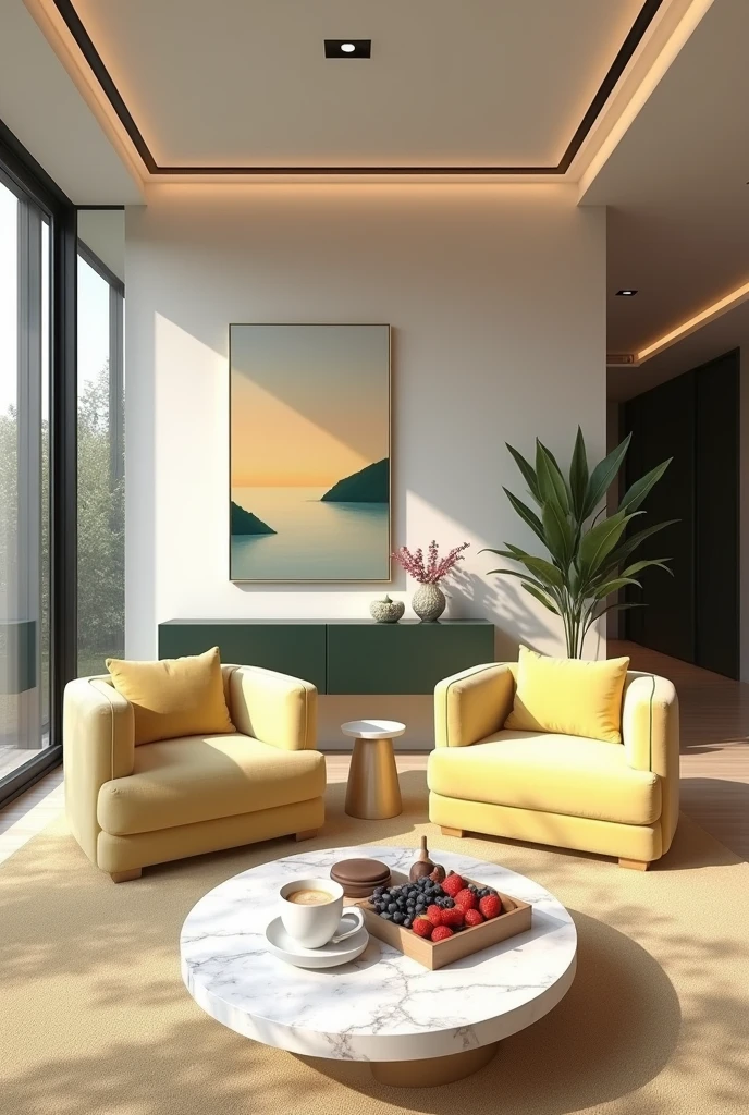 Professional 3d architecture rendering design of modern and minimal relax room with light lemon colour modern velvet 2 Florence sofa and white stone marble table modern and modern ceiling lighting and elegant ceiling lighting and Dark green consulate and modern ceiling lighting and elegant wall painting and elegant accessories and elegant green space and beautiful wall painting and modern windows and beautiful curtains and warm color for carpet and beautiful relax room and one dish of strawberry and blueberry and chocolate and cup of coffee on the table