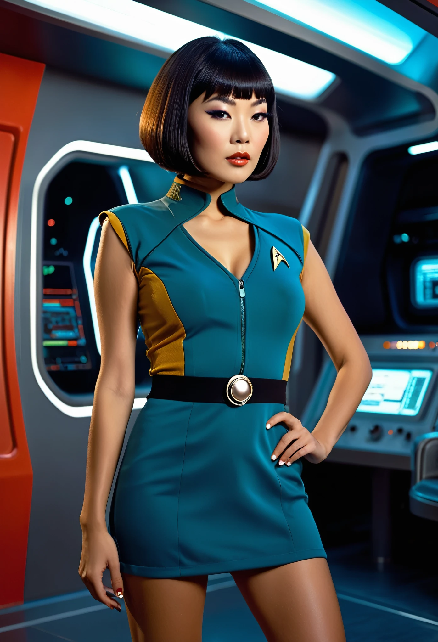 provocative, (sexy), very large breasts, ((cleavage)), very sexy, flirtatious, arousing, revealing, sensuous, teasing ((wearing a very revealing star trek original series 70s once piece mini dress bridge crew uniform)) (asian crew member with bob haircut and slim figure) ((in the style of a retro-futuristic, retro-scifi film set) ((in the style of a 70s erotic movie, soft focus, cinematic, pulp, porn, retro porn, 1970s film) ((ultra realistic, detailed and dynamic)) (nikon d850 film 4 kodak portra 400 camera f1.6 lens, rich colors, hyper realistic, lifelike texture, dramatic lighting, cinestill 800 tungsten, (RAW photo, nikon, 8k, Super detailed, advanced details, intricate details, Super detailed), (award winning photo, masterpiece), (photo-realistic) ((anatomically correct, High precision human body, highly detailed face, realistic skin)) Lighting: Face lighting, Ray tracing, reflective light, Structurally correct)