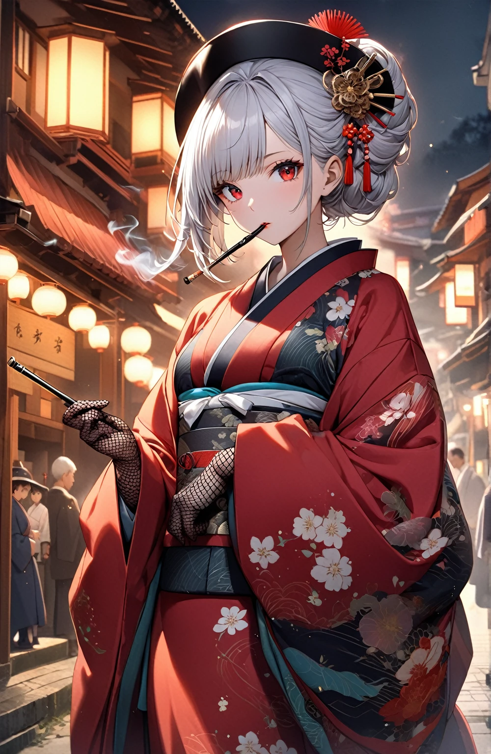 Ultra high resolution, rich colors, perfect image, top quality, detailed image, beautiful woman, glowing skin, skin and clothing texture, delicate eyes, Showa era town, kimono, traditional Japanese clothing, haori, small black cocktail hat, (((no hair accessory))), fishnet gloves, smoking pipe, long silver hair, red eyes