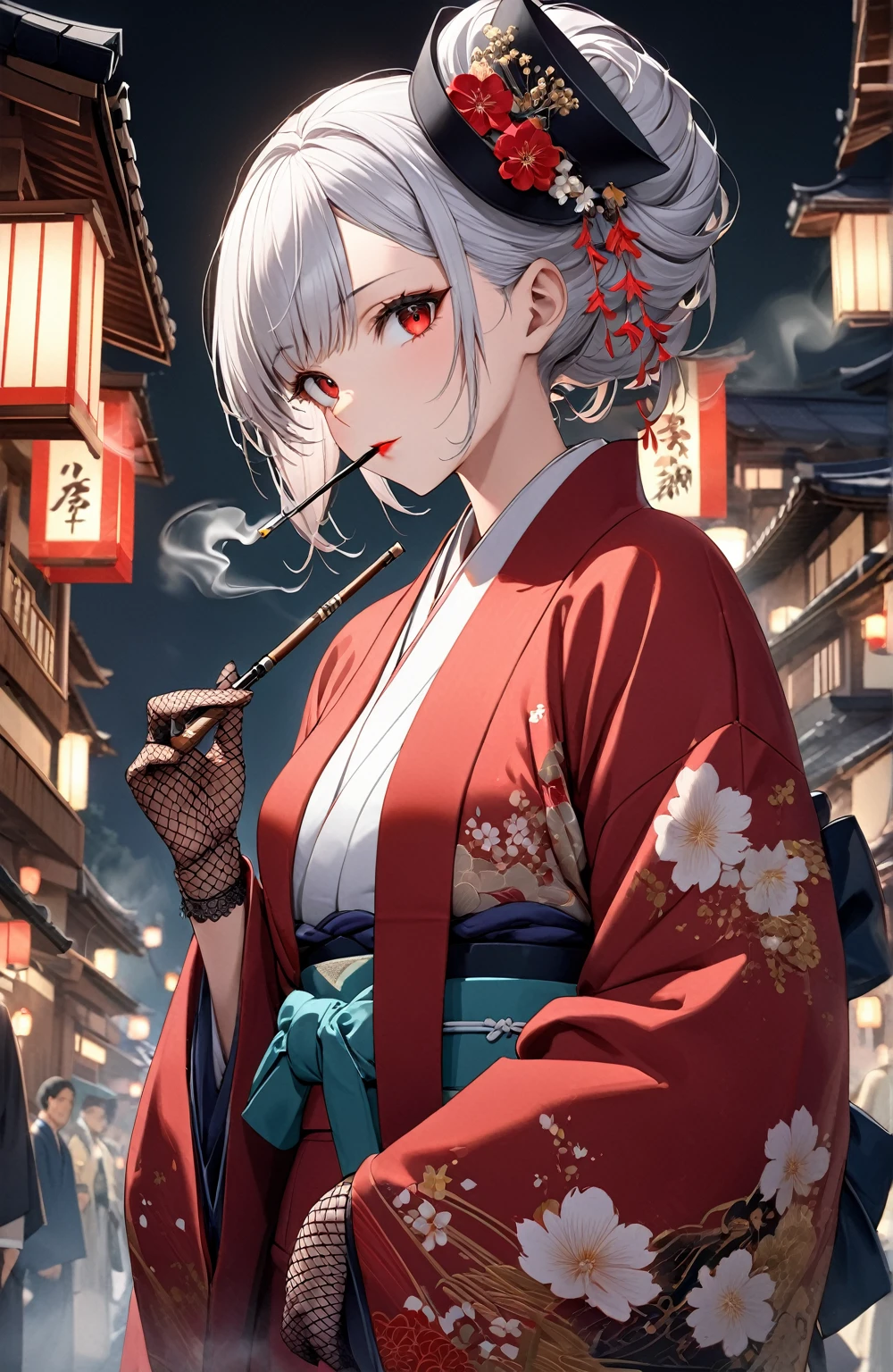 Ultra high resolution, rich colors, perfect image, top quality, detailed image, beautiful woman, glowing skin, skin and clothing texture, delicate eyes, Showa era town, kimono, traditional Japanese clothing, haori, small black cocktail hat, (((no hair accessory))), fishnet gloves, smoking pipe, long silver hair, red eyes