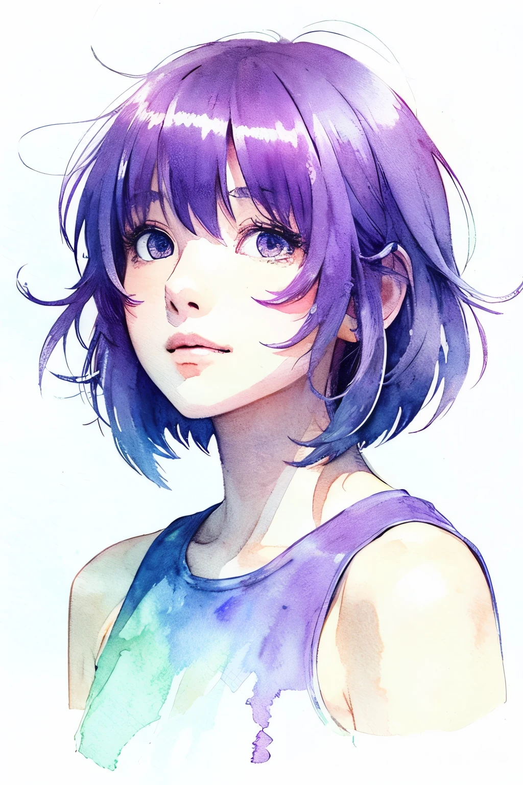 Watercolor、(Illustration style)、(Showa Anime)、(highest quality)、extra short length Hair, bellflower purple hair color