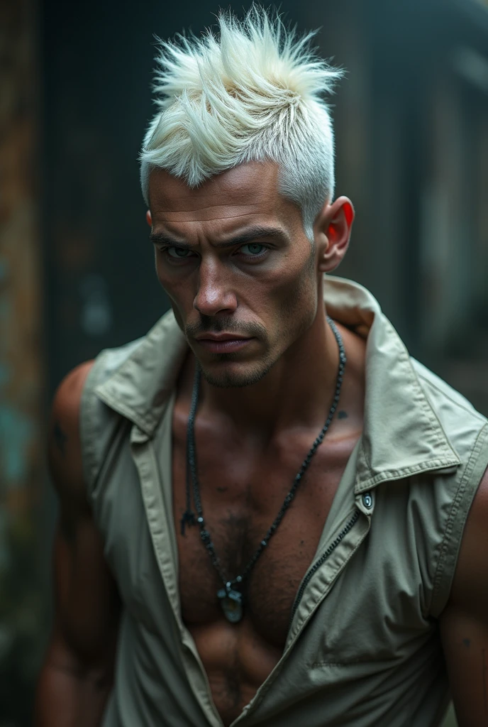 20-year-old man with white hair, Two blocks of haircut, dirty, wet, Obscene set, Provocative image, perfect face, Tall and strong, 8k quality, Ridiculous details and texture qualities,