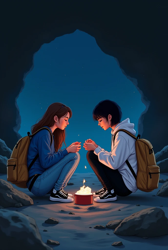 2 girls, one have long brown hair wearing blue shirt and jeans, other one have short black hair wearing white hoodie and black jean. both wearing black sneakers and carrying light brown backpack. Taking out med kit from their backpack, sitting down. Inside a cave, dark, night time. 2D semi realistic art style.