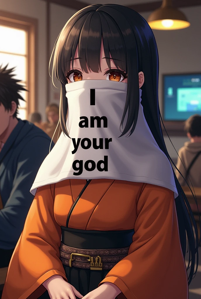 A short game commentator「sky」She is wearing a cloth with the words "I am your God" written on it over her face, hiding her face. She is wearing traditional Japanese clothing with orange undergarments and a black inner layer.。Moe sleeves。A man with a mashed hairstyle