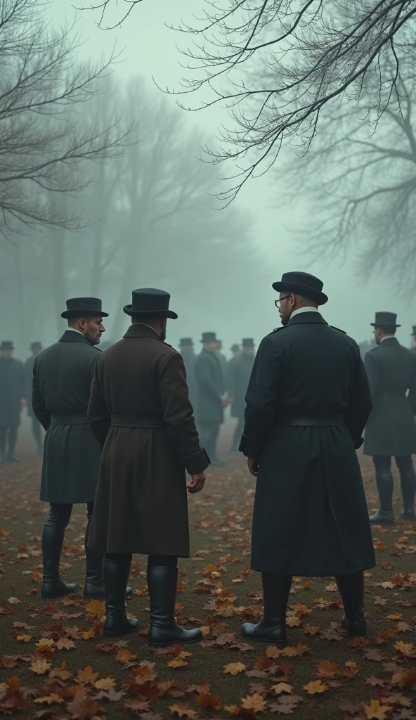 "In 1863, on a cold autumn day in London, the first football match was played under the rules of the newly founded Football Association, with players in mid-19th century attire, wearing woolen caps and heavy coats, set in a foggy, dimly lit London park, surrounded by bare trees with golden and brown leaves, the atmosphere captured in hyper-realistic, photo realism, cinematography -- ar 9:16."